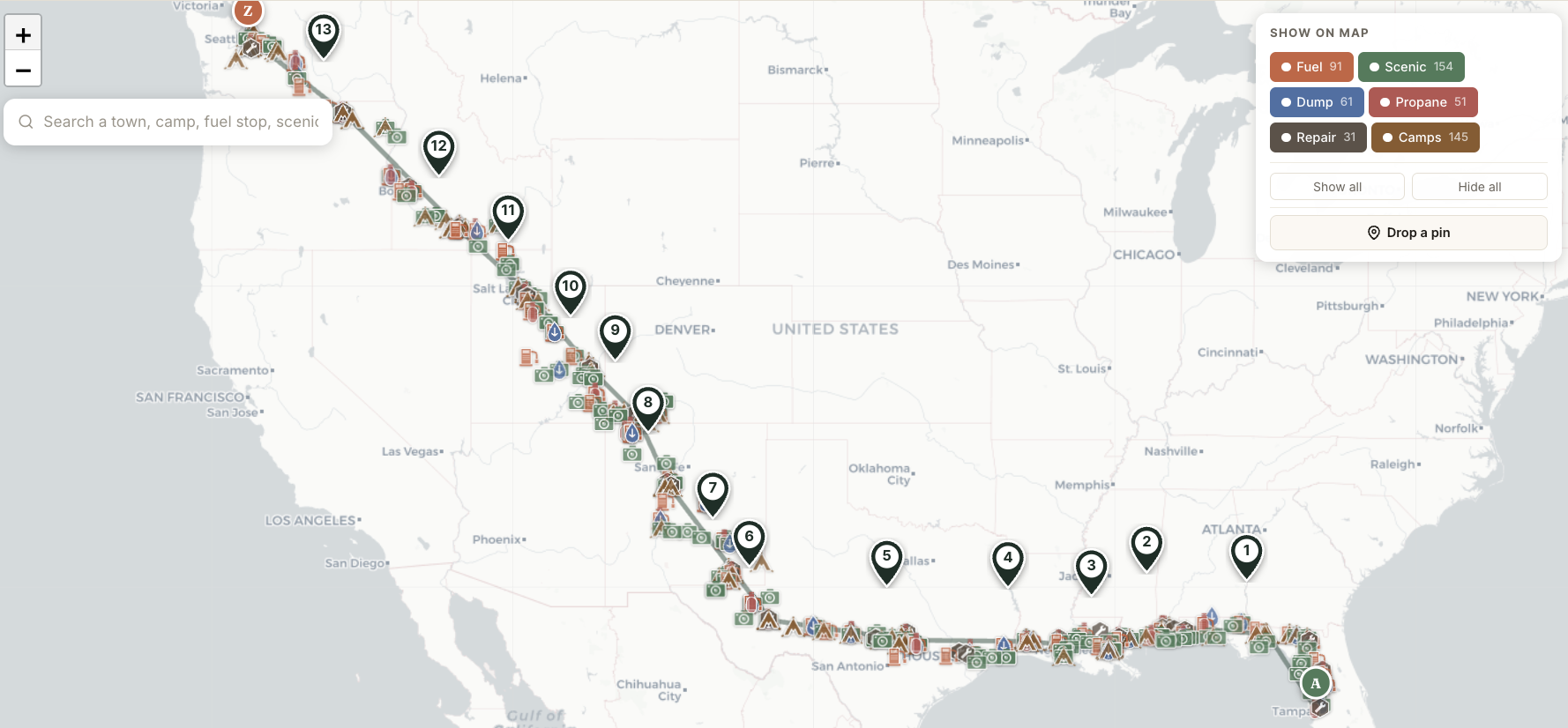 Tampa-to-Seattle demo trip shown as a continental route on a single map with all POIs along the way