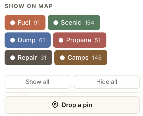 Six POI category filter chips: Fuel, Scenic, Dump, Propane, Repair, Camps with counts for the demo trip