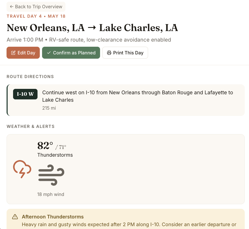 Single Travel Day detail view showing route, weather alerts, and edit controls
