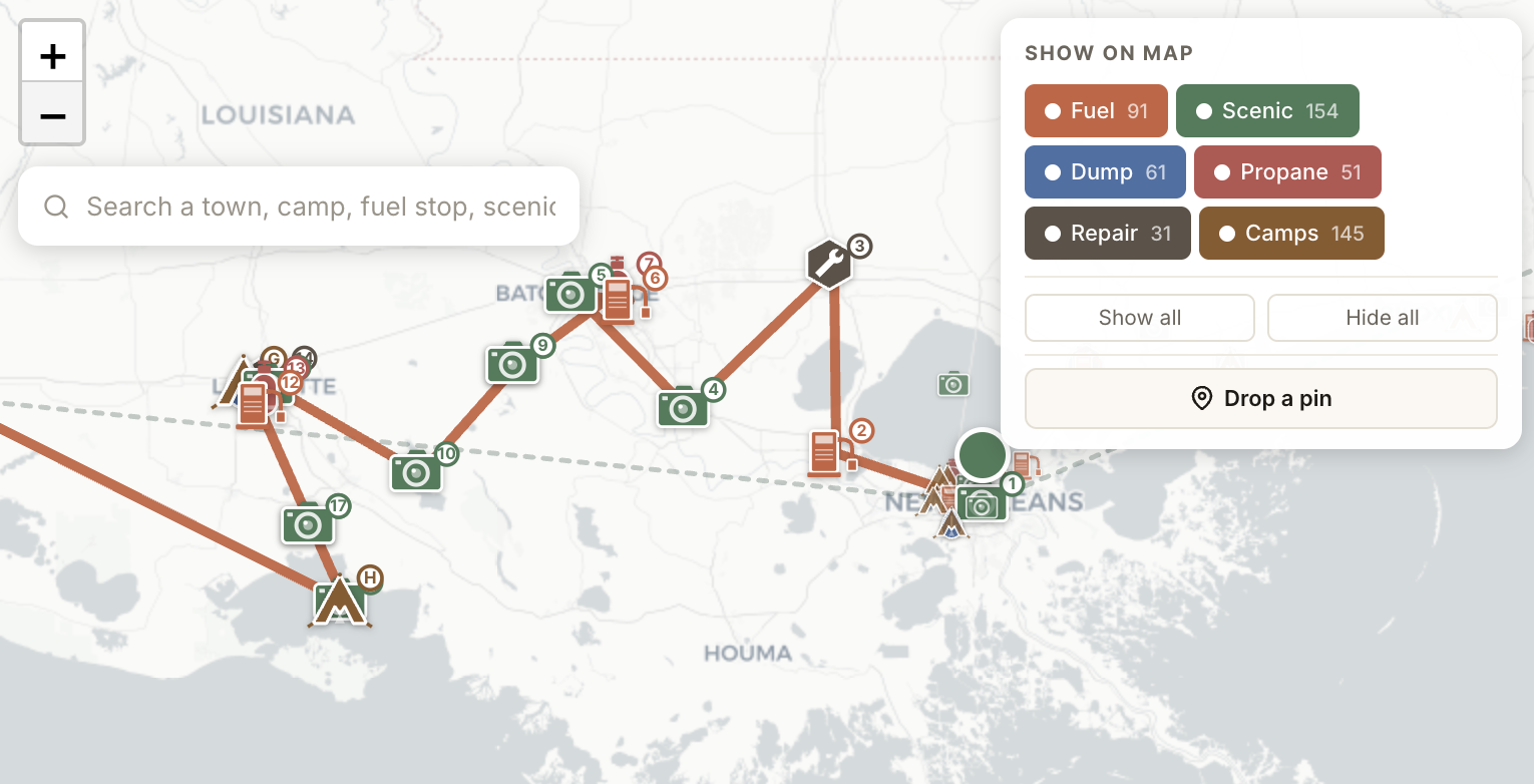 Zoomed map view showing Travel Day route with POI markers in New Orleans area